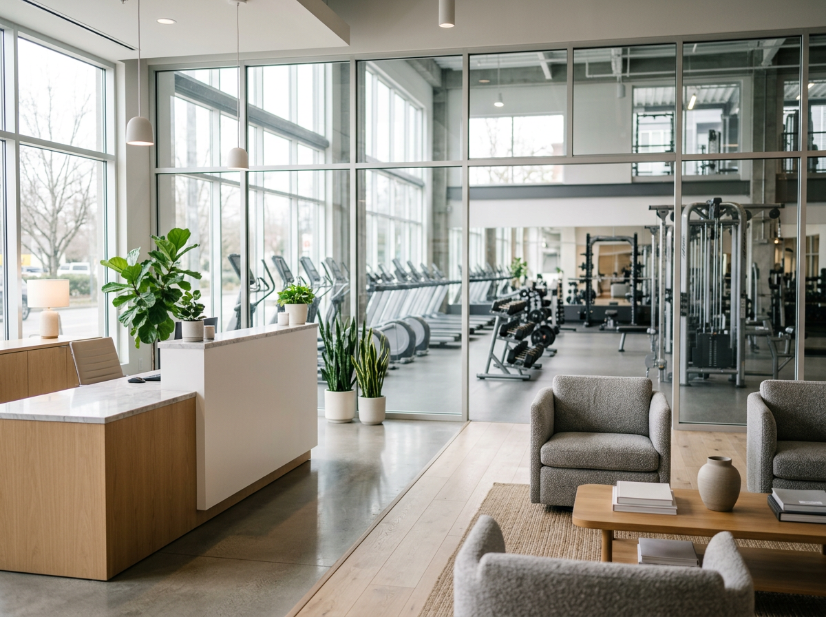 A bright gym reception and lounge area with equipment behind