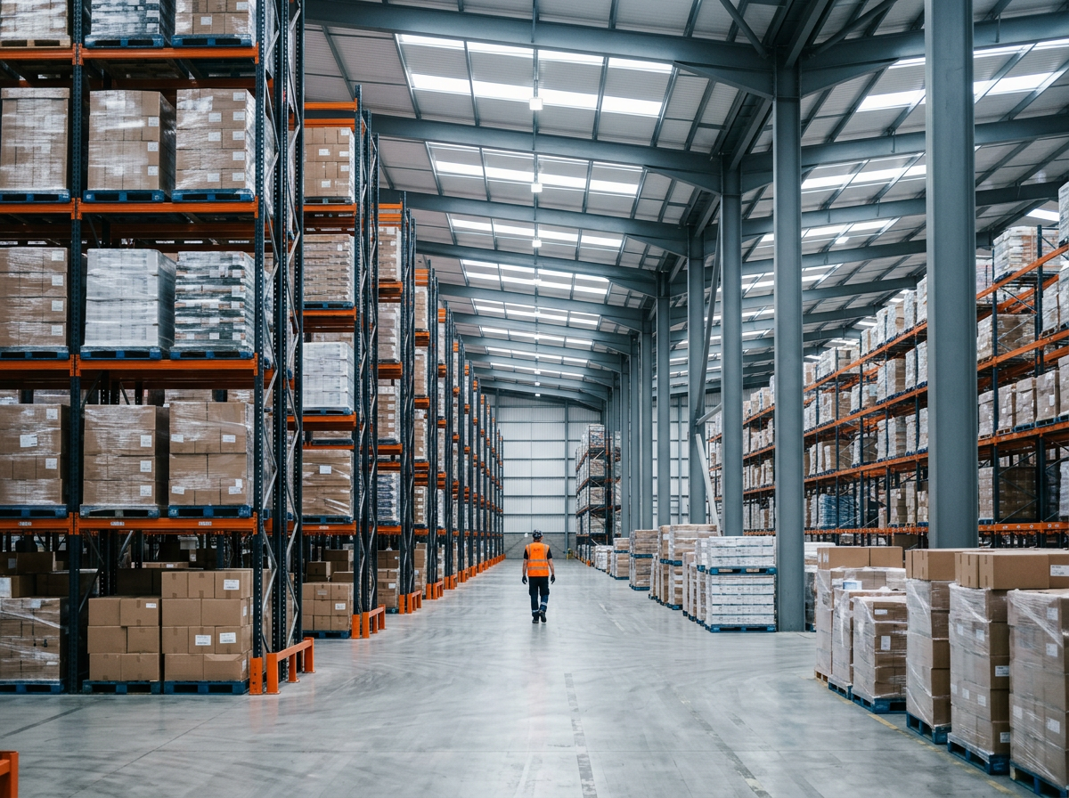 The interior of a large modern warehouse with tall racking